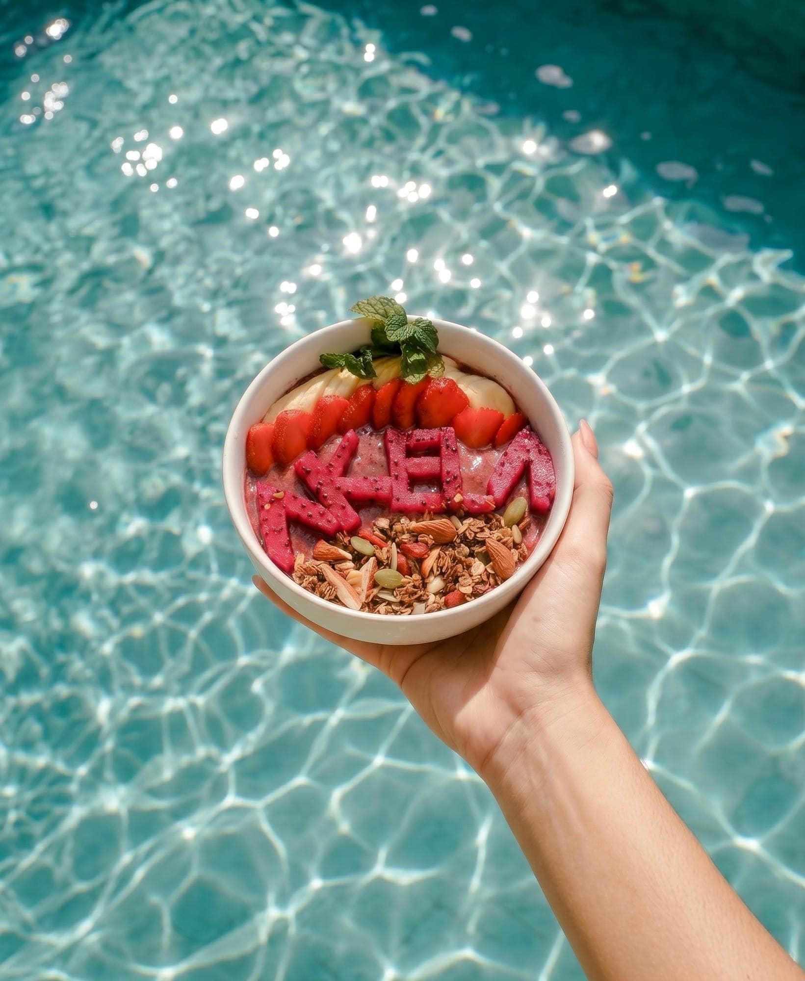 Reference: a hand holding a smoothie bowl over the pool