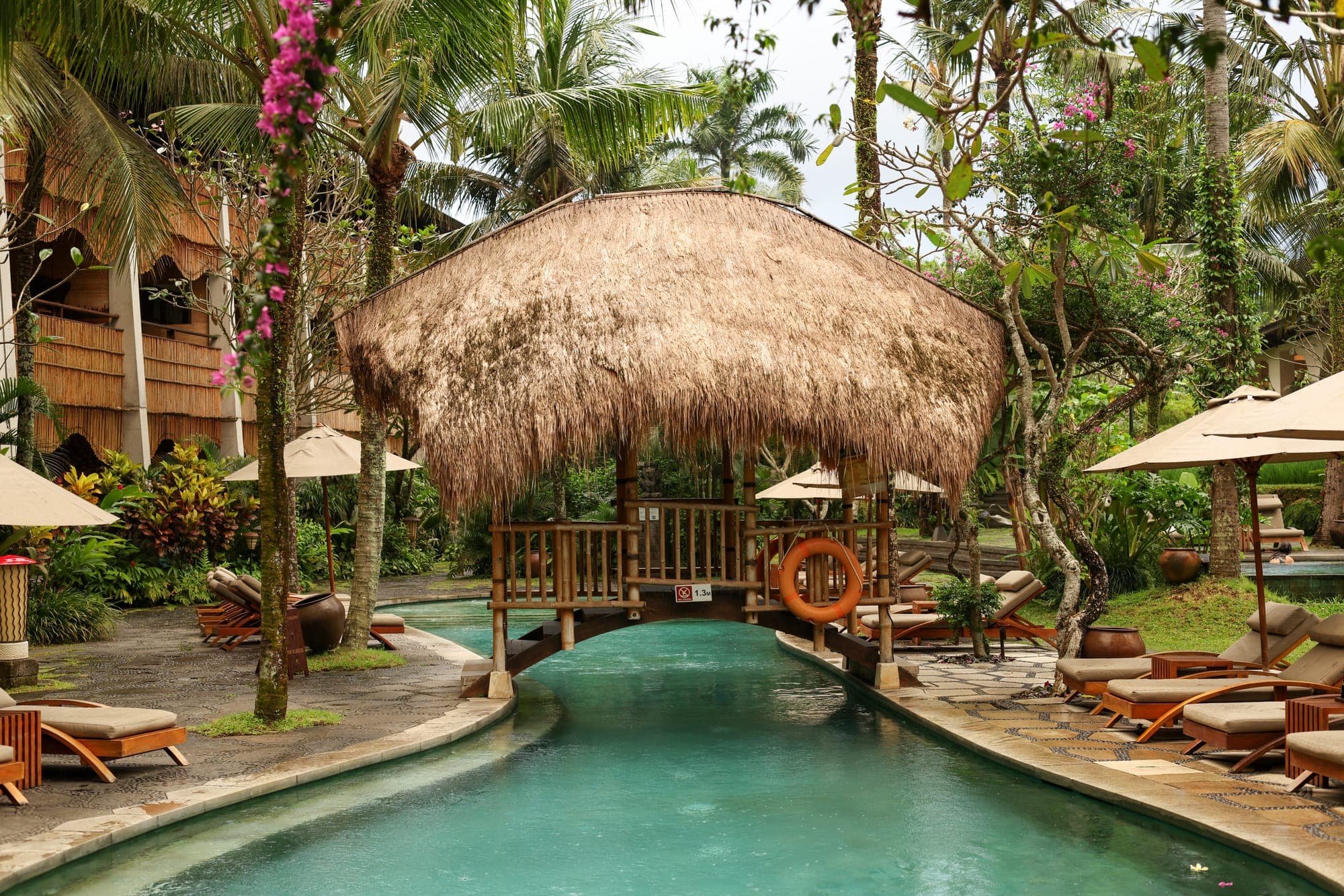 A thatched bridge over a winding pool