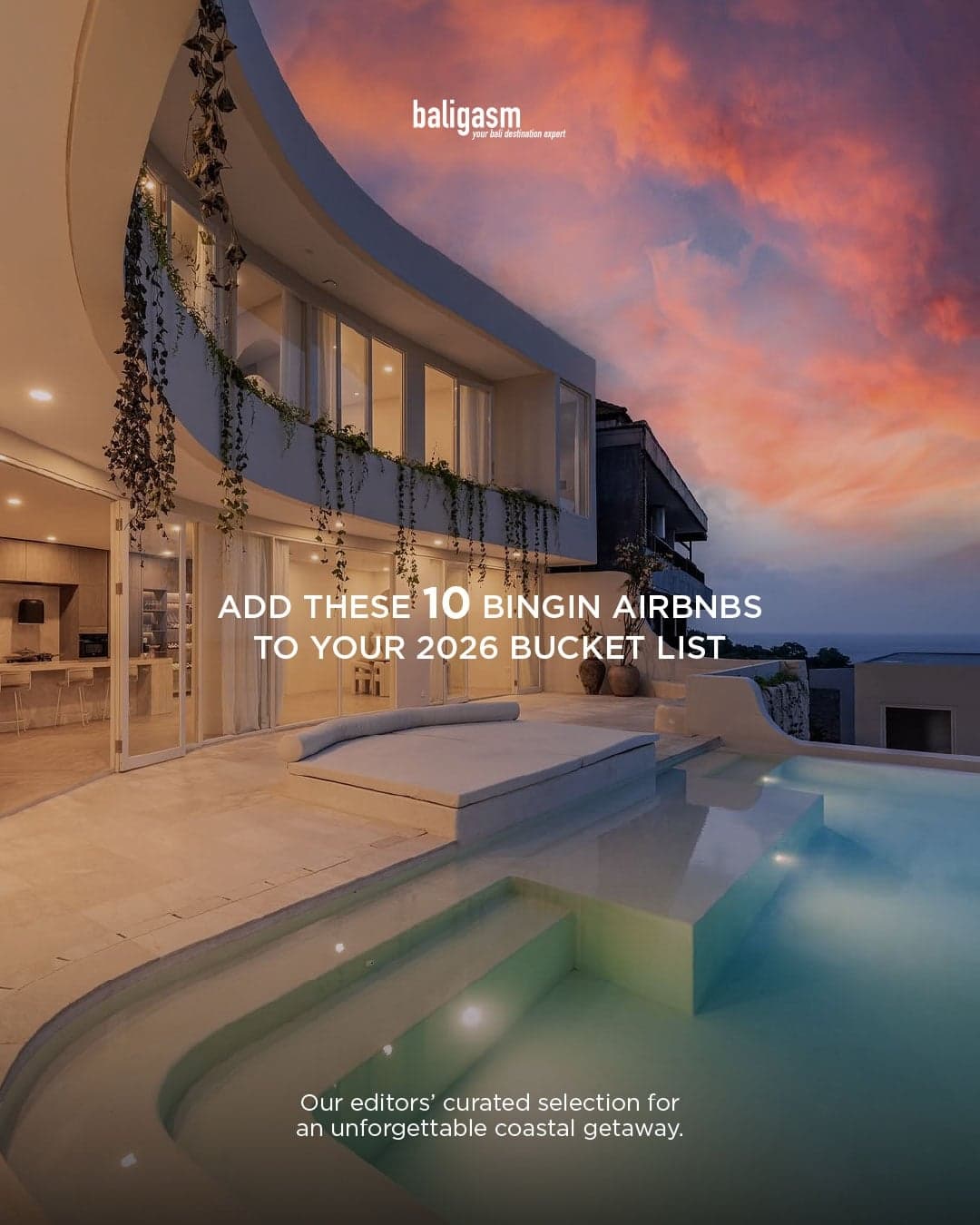 A Baligasm Instagram post featuring villas in Bingin, including Akela Villas