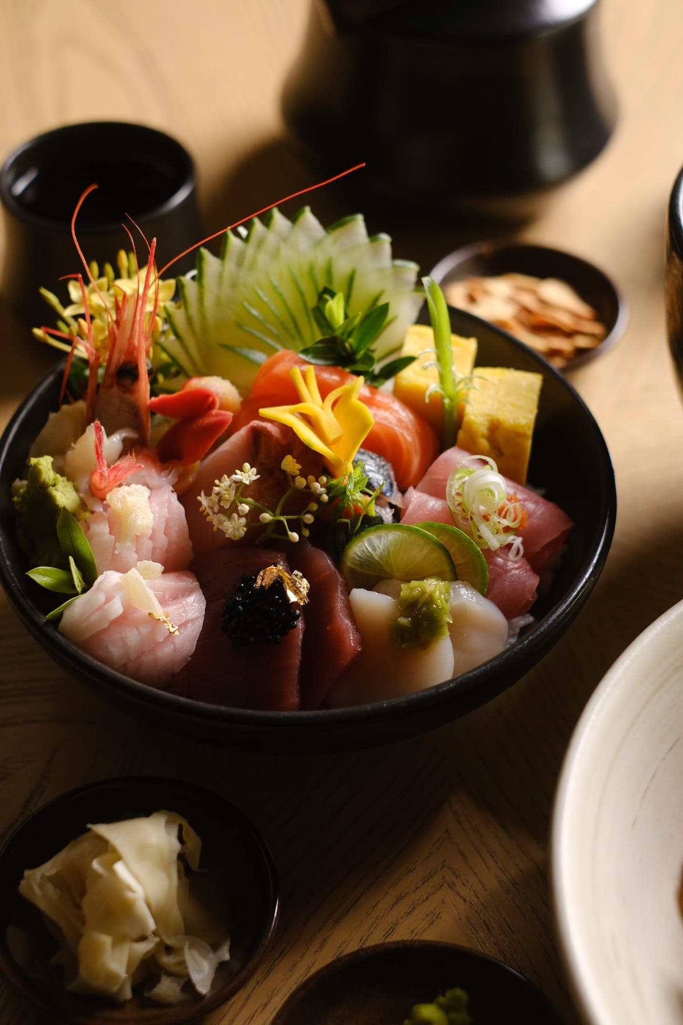 Kaisen-don bowls on a wooden table