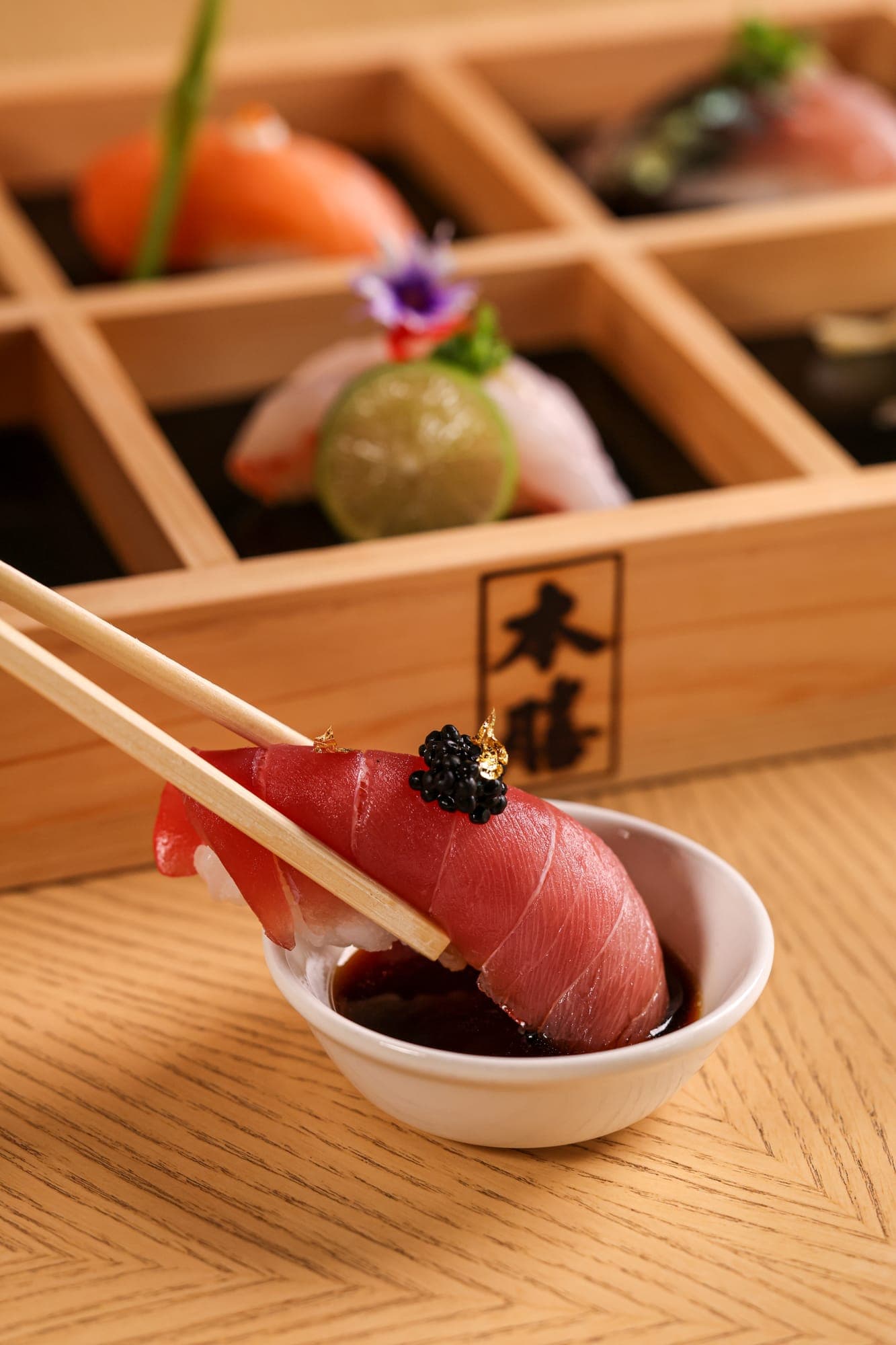 Toro nigiri with caviar lifted from a Honzen bento box