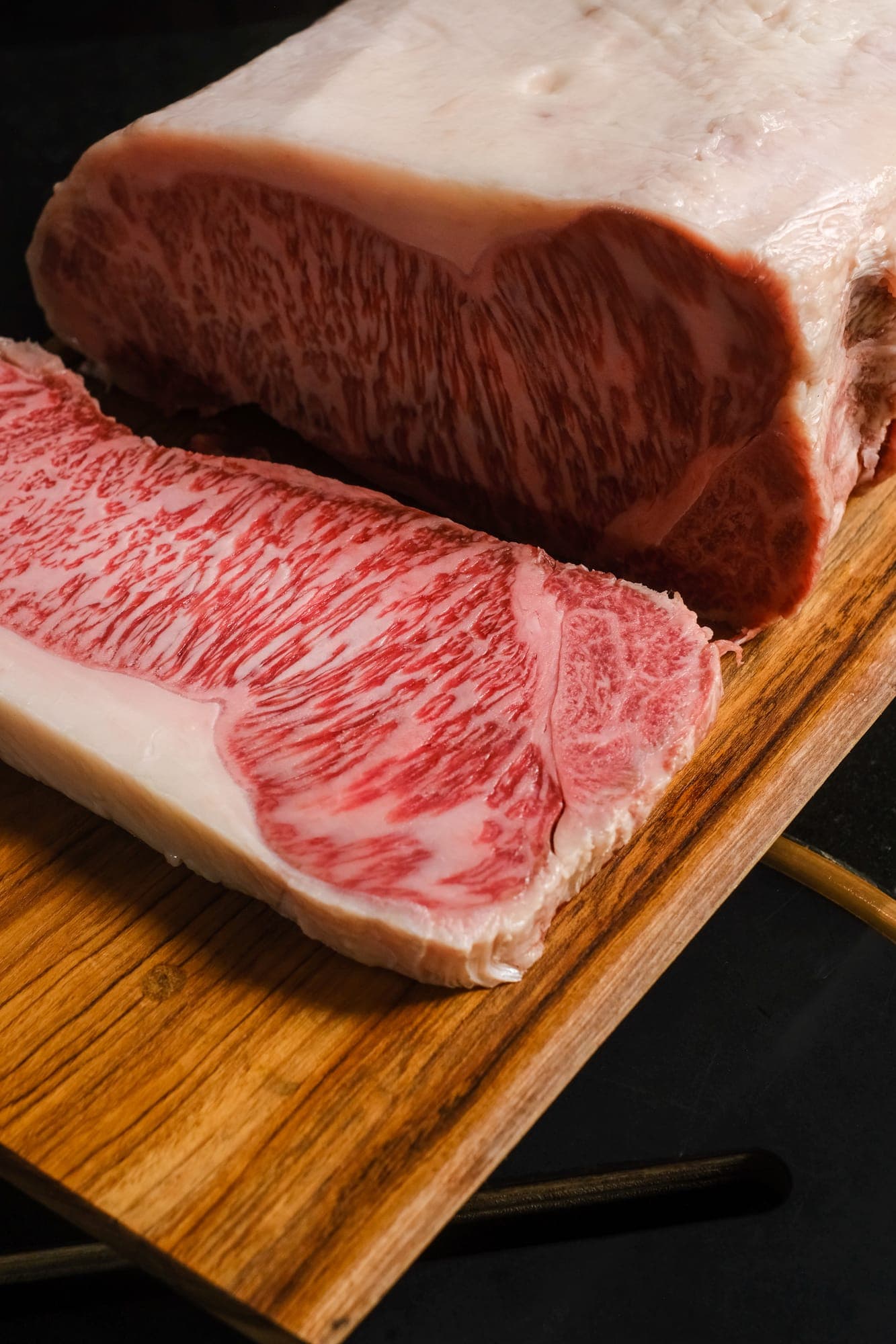 A close-up of A5 wagyu marbling